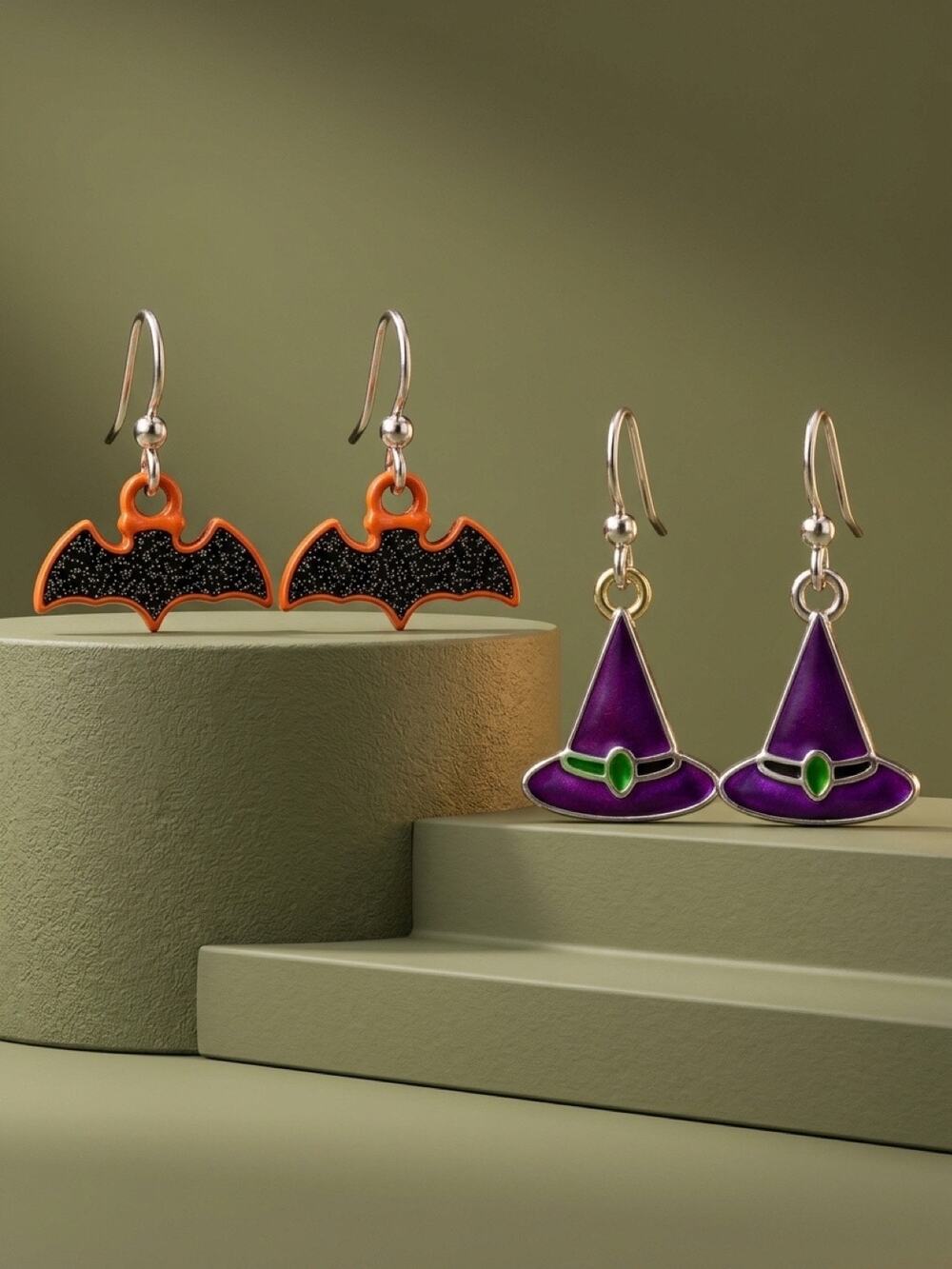 Halloween Earring Set | Glitter Bats & Purple Witch Hats